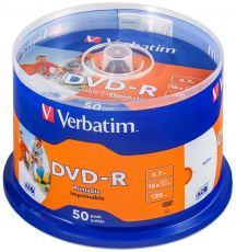 Диск DVD-R Verbatim 4,7Gb 16x Cake Box InkJet Printable (50шт) 43533